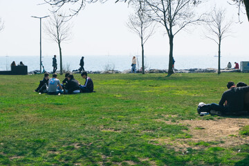 people from behind sitting on grass in a city park, talking and having picnic