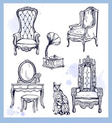 Set of hand drawn sketch style vintage interior elements isolated on white background. Vector illustration.