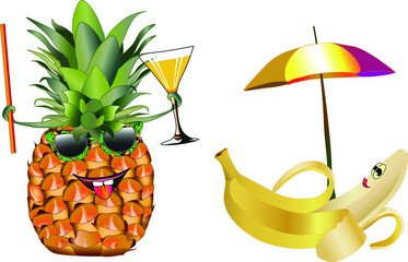 А set of fruit emoticons. Banana, pineapple