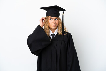 Young university graduate isolated on white background having doubts