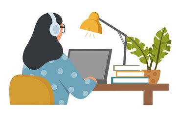 Working or studying at home office concept. Young woman sitting at the table with laptop and headphones. She is watching movies, listening to music, studying or video calling. Flat vector illustration