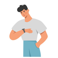 Young man checking the time by looking at his wrist watch. Time management concept. Flat vector illustration isolated on white background.