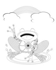 Antistress adult coloring book frog and clouds with rainbow. Vector illustration for coloring page. Sketch for tattoo. Isolated on white background.