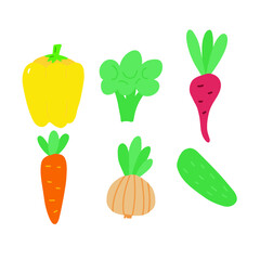 Set of vegetables. Cartoon paprika, broccoli, beetroot, carrot, onion, cucumber. Hand drawn vector illustration. Kids nursery design element