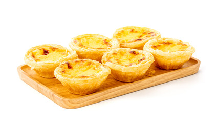 Egg tart on wooden plate isolated on white background