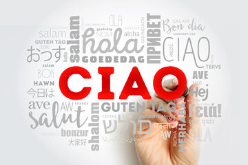Ciao (Hello Greeting in Italian) word cloud with marker in different languages of the world