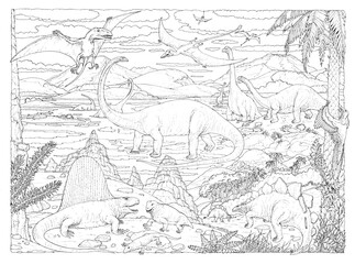 Dinosaur Scene (2 of 3). Featuring Moschops, Dimetrodon, Rhamphorhynchus, Dimorphodon, Archaeopteryx, Brontosaurus, Diplodocus, Stegosaurus, Varanosaurus and Brachiosaurus. Not all concurrent.. © Lewisroland
