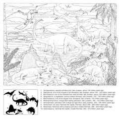 Naklejka premium Dinosaur Scene (1 of 3). Featuring Moschops, Dimetrodon, Rhamphorhynchus, Dimorphodon, Archaeopteryx, Brontosaurus, Diplodocus, Stegosaurus, Varanosaurus and Brachiosaurus. Not all concurrent..