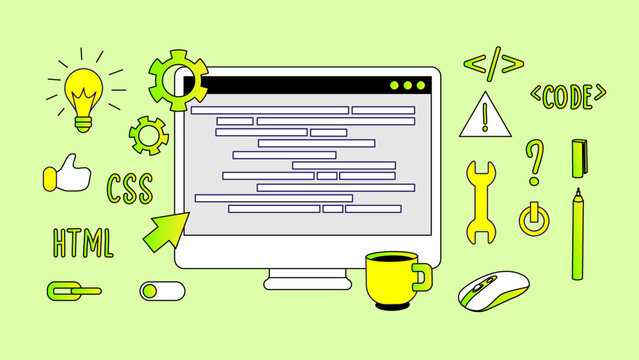 Programming elements set. Modern vector illustration of computer and developing software.