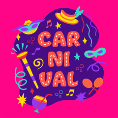 Fototapeta premium Banner for fun carnival party. Confetti and balloons for carnaval, mardi gras, fesival, masquerade, parade.Template for design invitation, flyer poster, banners. Vector. Festive title.