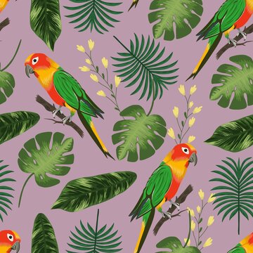 Seamless vector floral summer pattern background with tropical palm leaves, monstera and parrot. Vector textures with yellow flowers