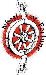 Fototapeta na wymiar Wheel of Fortune and two hands showing the way up and down. Engraving style. Suitable for posters, t shirt design, cards, tattoo. 