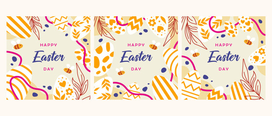 Happy Easter banner, poster, greeting card. Modern minimal style. Trendy Easter design with typography, bunnies, flowers, eggs, bunny ears, in pastel colors.