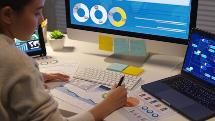 Asia people MBA college woman work busy at late night home office online study on laptop typing coding search data future job career reskill upskill in workforce IT cyber class remote virtual learn