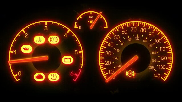 Car dashboard with multiple warning lights flashing, engine failure, oil leak. Car maintenance needed, auto repair, loopable video