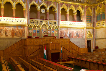 BUDAPEST, HUNGARY - 03 MAR 2019: Interior of the Budapest Parliament building and the meeting room...