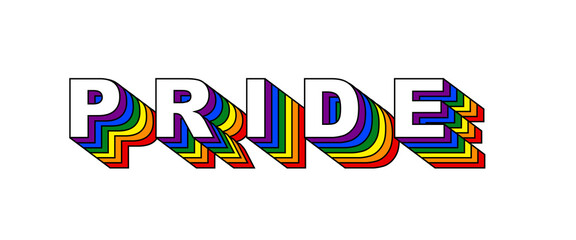 A 3d typographic wording "Pride" with rainbow flag color. Happy Pride month.