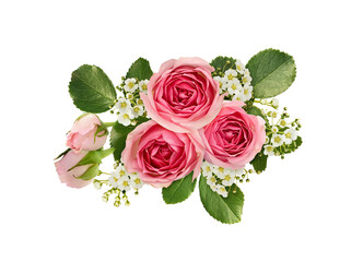 Pink roses and spirea flowers in a floral arrangement isolated on white. Top view.