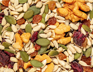Nuts and seeds as a  background. Pattern  of granola or muesli Top view