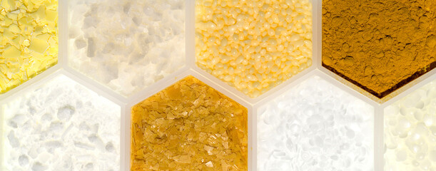Chemical ingredient in hexagonal molecular shaped container. Sodium Sulfide Flakes, Flake Salt,...