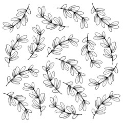 Background of branches with leaves. Linear execution style. Images for the design of postcards, posters and other printed products. Isolated image on a white background.