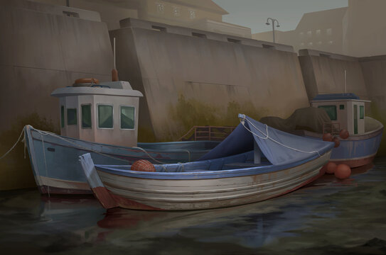 An illustration of the fishing boats at a small port under the overcasting sky.