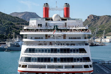 Classic Fred Olsen cruiseship or cruise ship liner Bolette departure sail away from port of...