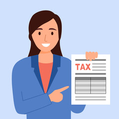Woman show calculated tax payment document in flat design. Tax time concept.