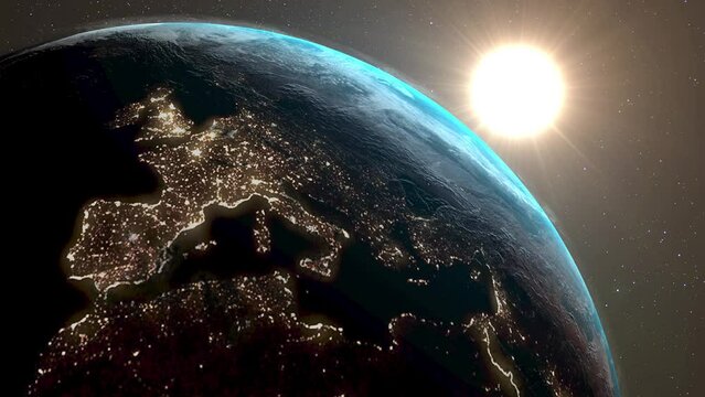 Sun rises over the European continent. The dawn line shifts from west to east, illuminating more and more new lands. New day in Europe. 3D animation. view from space. High quality 4k footage