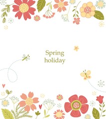 Greeting card with flowers and green grass on white background.