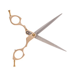 Scissors for cutting people and pets. Grooming scissors. Opened scissors on a white isolated background. Side view.