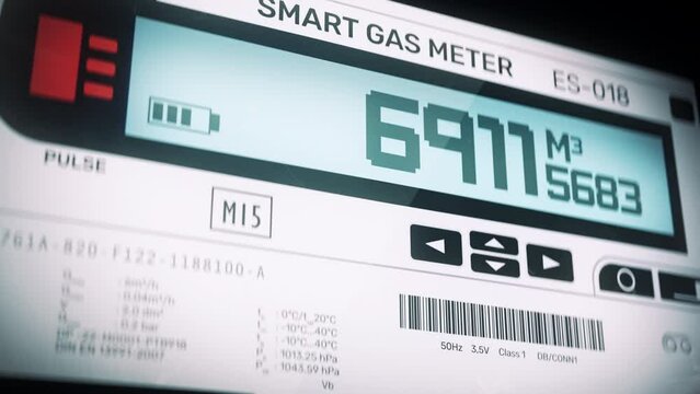Smart gas meter display showing volume of cubic metres consumed by residence. Digital metric gas meter measuring gas usage