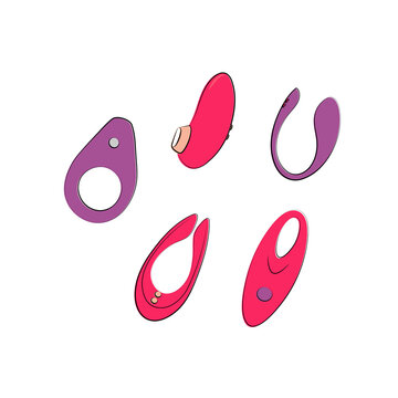 Vibrators Set. Massagers And Masturbators For Sex And Self-satisfaction. Sex Shop Stuff. Vector Sketch Illustration