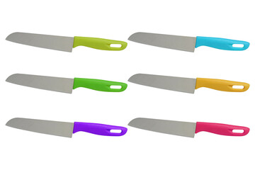 six stainless steel sheath knife with colourful handle, kitchen, object, on white background