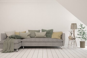 Soft color living room with sofa. Scandinavian interior design. 3D illustration