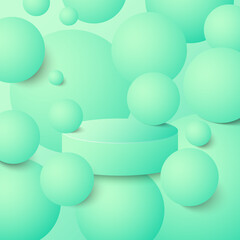 Cylinder green patel color background minimal scene with buble, platform, podium for the presentation. Scene to show cosmetic showcase, shopfront, display case. Vector illustration