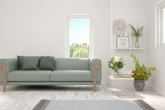 White living room with sofa. Scandinavian interior design. 3D illustration