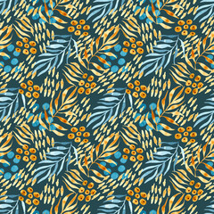 Dark, dry tropical leaves, branches, grass. Yellow gray, brown shades.Watercolor seamless pattern