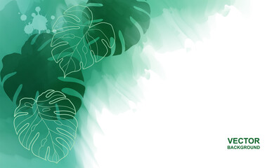 Abstract. Monstera leaves plant tropical background. Green brush watercolor style. Vector.