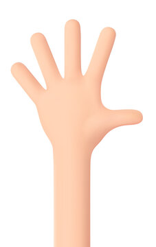 Hello - hand gesture. Unclenched palm. Counting on fingers - number five. All fingers are unclenched and raised up. Hand isolated on white. 3D cartoon friendly funny style