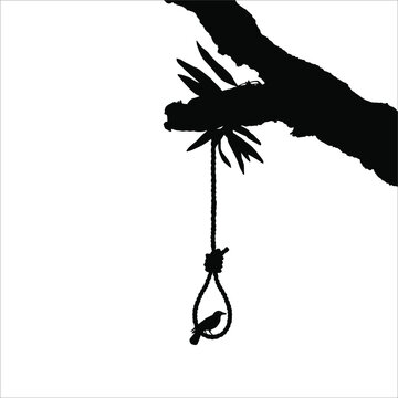 Gallows (Hanging Rope) on the Tree and Crow. Dramatic, Creepy, Horror, Scary, Mystery, or Spooky Illustration. Illustration for Horror Movie or Halloween Poster Element. Vector Illustration 