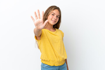 Little caucasian girl isolated on white background counting five with fingers