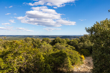 Vue sur la plaine du Languedoc jusqu'&agrave; la mer depuis le Bois de L&egrave;que &agrave; Les Matelles (Occitanie, France)