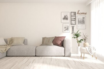 White living room with sofa. Scandinavian interior design. 3D illustration