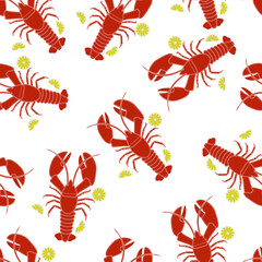 Vector seamless pattern of lobster pictures on a white background.