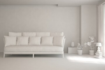 White minimalist living room with sofa. Scandinavian interior design. 3D illustration