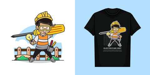 Illustration Vector Graphic of Electrician Boy Character with T-Shirt Mockup Design