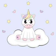 Cute unicorn sitting on the cloud.