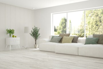 White living room with sofa and summer landscape in window. Scandinavian interior design. 3D illustration