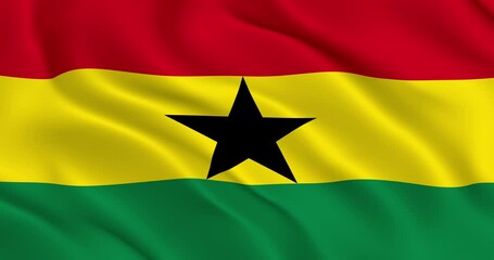 Ghana Flag Smooth wavy animation. The National Flag of the Republic of Ghana flutters in the wind. Loop animation. Realistic 3D rendering, 60 fps. Beautifully slows down 2 times at 30 fps